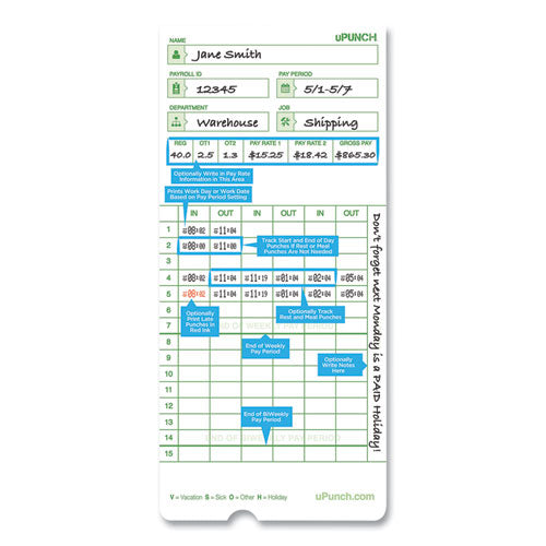 Time Clock Cards For Upunch Hn3000, Two Sides, 7.37 X 3.37, 50/pack
