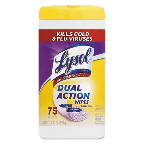 Dual Action Disinfecting Wipes, 1-ply, 7 X 7.5, Citrus, White/purple, 75/canister