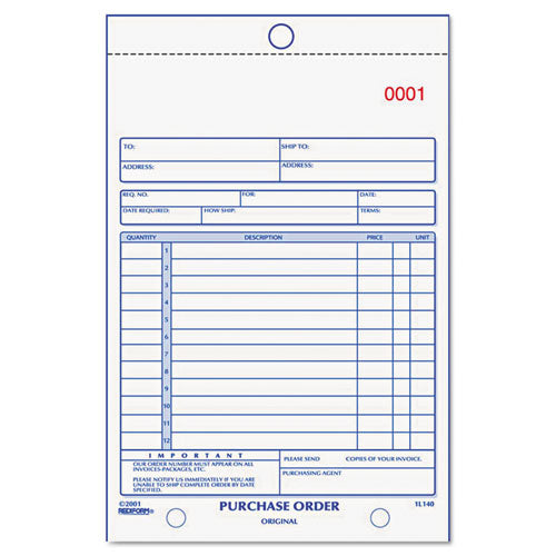 Purchase Order Book, 12 Lines, Three-part Carbonless, 5.5 X 7.88, 50 Forms Total