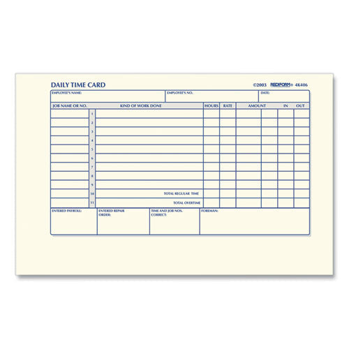 Daily Employee Time Cards, Two Sides, 4.25 X 7, 100/pad