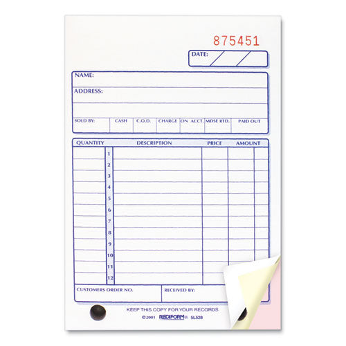 Sales Book, 12 Lines, Three-part Carbonless, 4.25 X 6.38, 50 Forms Total