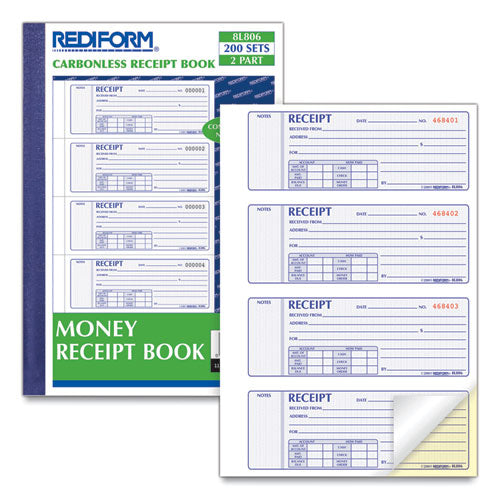 Money Receipt Book, Softcover, Two-part Carbonless, 7 X 2.75, 4 Forms/sheet, 200 Forms Total