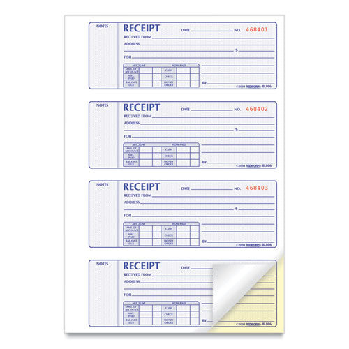 Money Receipt Book, Softcover, Two-part Carbonless, 7 X 2.75, 4 Forms/sheet, 200 Forms Total