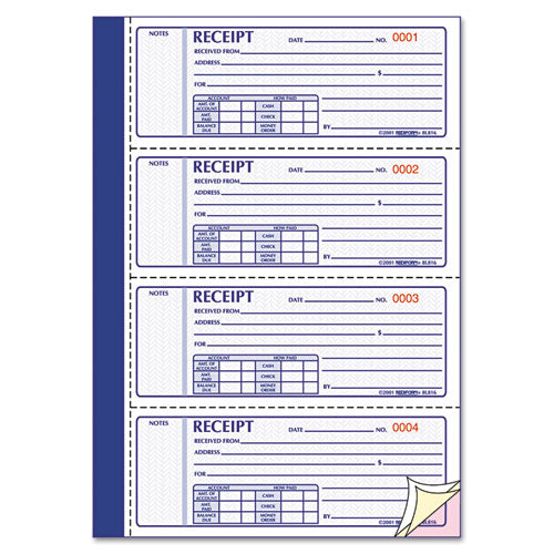 Money Receipt Book, Hardcover, Three-part Carbonless, 7 X 2.75, 4 Forms/sheet, 200 Forms Total