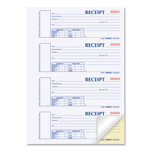 Durable Hardcover Numbered Money Receipt Book, Two-part Carbonless, 6.88 X 2.75, 4 Forms/sheet, 300 Forms Total