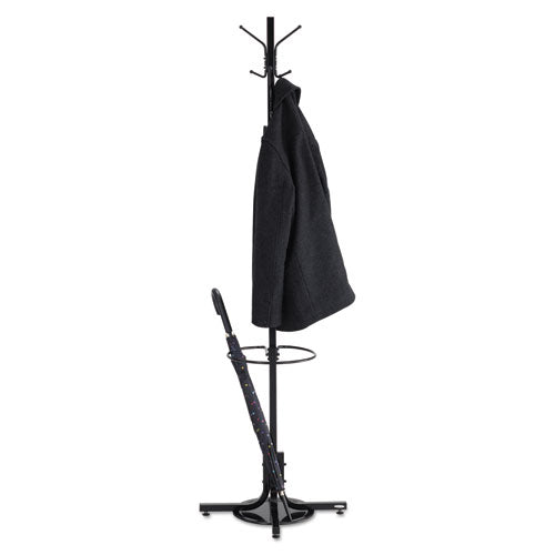 Metal Costumer With Umbrella Holder, Four Ball-tipped Double-hooks, 21w X 21d X 70h, Black