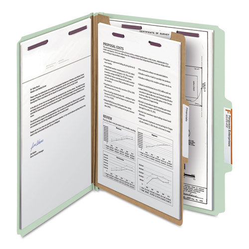 Pressboard Classification Folders With Four Safeshield Fasteners, 2/5-cut Tabs, 1 Divider, Letter-size, Gray-green, 10/box