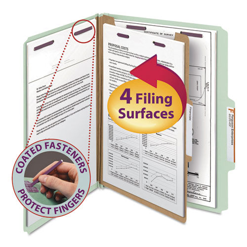 Pressboard Classification Folders With Four Safeshield Fasteners, 2/5-cut Tabs, 1 Divider, Letter-size, Gray-green, 10/box