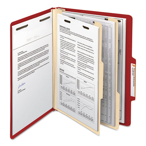 Top Tab Classification Folders, Six Safeshield Fasteners, 2" Expansion, 2 Dividers, Letter Size, Red Exterior, 10/box