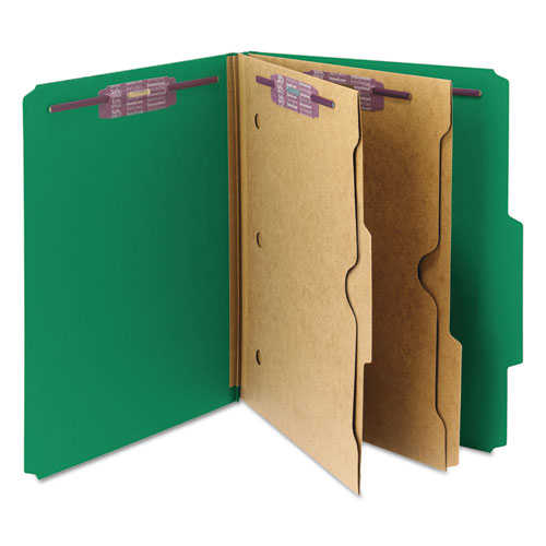 6-section Pressboard Top Tab Pocket Classification Folders, 6 Safeshield Fasteners, 2 Dividers, Letter Size, Green, 10/box
