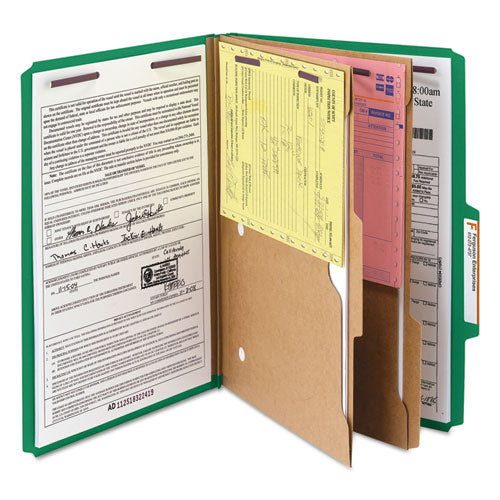 6-section Pressboard Top Tab Pocket Classification Folders, 6 Safeshield Fasteners, 2 Dividers, Legal Size, Green, 10/box