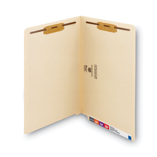 End Tab Fastener Folders With Reinforced Straight Tabs, 11-pt Manila, 2 Fasteners, Legal Size, Manila Exterior, 50/box