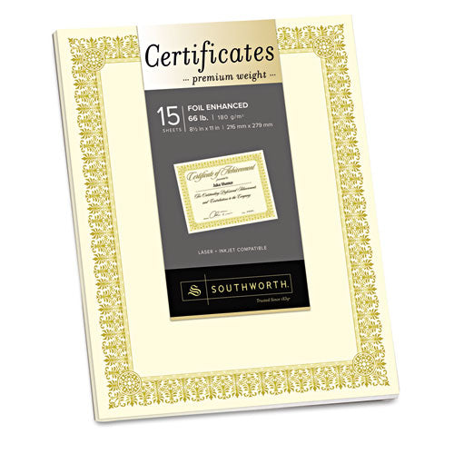 Premium Certificates, 8.5 X 11, Ivory/gold With Spiro Gold Foil Border,15/pack