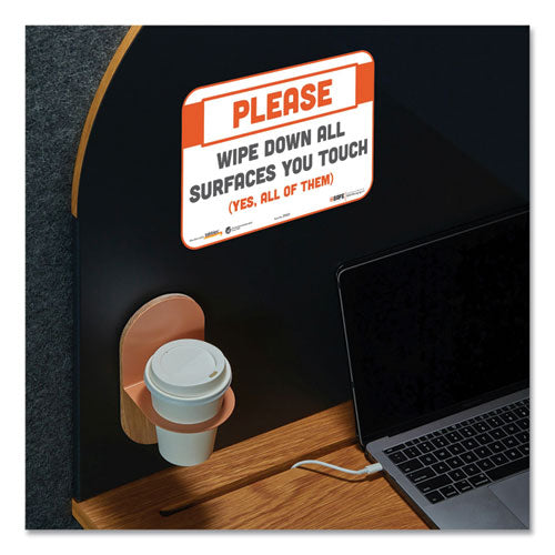 Besafe Messaging Repositionable Wall/door Signs, 9 X 6, Please Wipe Down All Surfaces You Touch, White, 3/pack