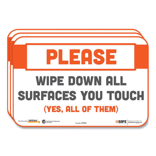 Besafe Messaging Repositionable Wall/door Signs, 9 X 6, Please Wipe Down All Surfaces You Touch, White, 30/carton