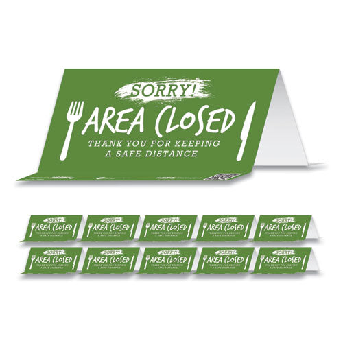 Besafe Messaging Table Top Tent Card, 8 X 3.87, Sorry! Area Closed Thank You For Keeping A Safe Distance, Green, 100/carton