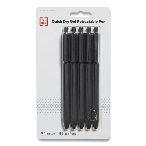 Quick Dry Gel Pen, Retractable, Fine 0.5 Mm, Black Ink, Black Barrel, 5/pack