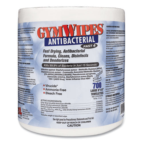 Antibacterial Gym Wipes Refill, 1-ply, 6 X 8, Unscented, White, 700 Wipes/pack, 4 Packs/carton