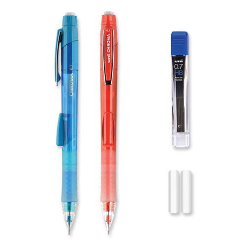 Chroma Mechanical Pencil W/ 10 Leads And 2 Erasers, 0.7 Mm, Hb (#2), Black Lead, (1) Red (1) Blue Barrel, 2/pack