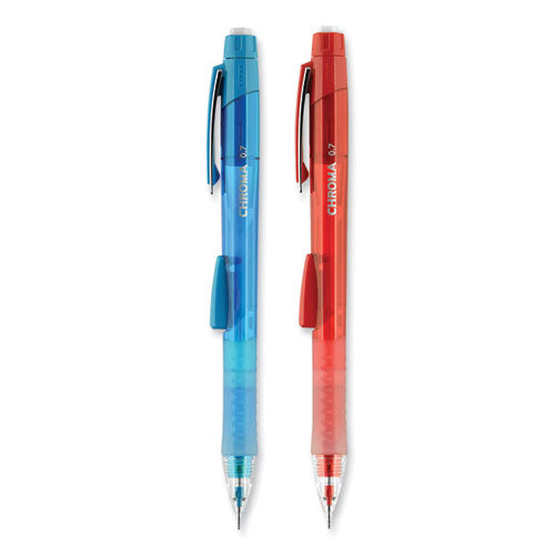 Chroma Mechanical Pencil W/ 10 Leads And 2 Erasers, 0.7 Mm, Hb (#2), Black Lead, (1) Red (1) Blue Barrel, 2/pack