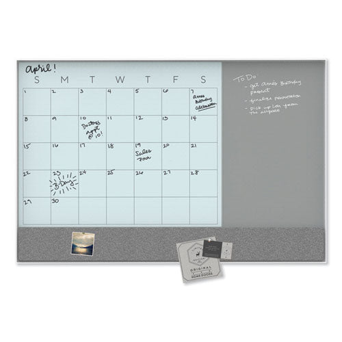 3n1 Magnetic Glass Dry Erase Combo Board, Monthly Calendar, 36 X 24, White/gray Surface, White Aluminum Frame