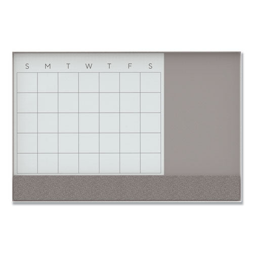 3n1 Magnetic Glass Dry Erase Combo Board, Monthly Calendar, 48 X 36, White/gray Surface, White Aluminum Frame