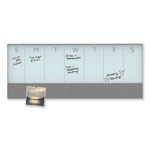 3n1 Magnetic Glass Dry Erase Combo Board, Weekly Calendar, 35 X 14.25, White/gray Surface, White Aluminum Frame