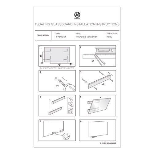 Floating Glass Dry Erase Board, 48 X 36, White Surface