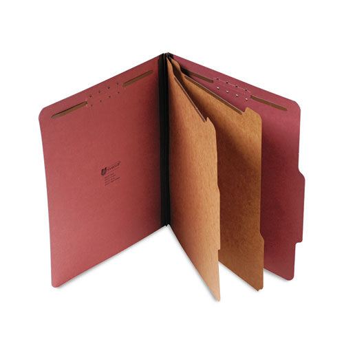 Four-section Pressboard Classification Folders, 2" Expansion, 1 Divider, 4 Fasteners, Letter Size, Red Exterior, 10/box