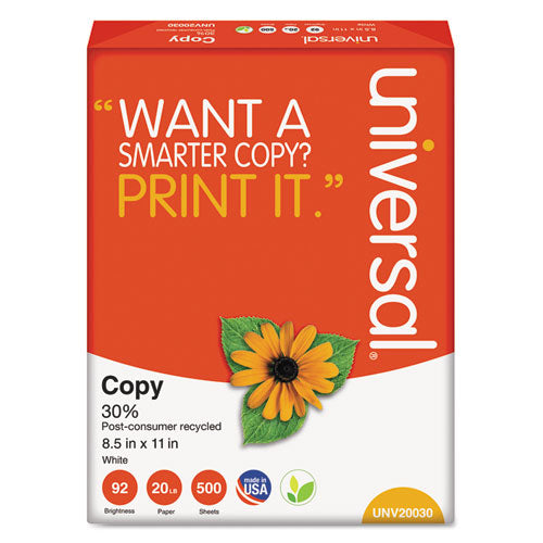 30% Recycled Copy Paper, 92 Bright, 20 Lb Bond Weight, 8.5 X 11, White, 500 Sheets/ream, 5 Reams/carton