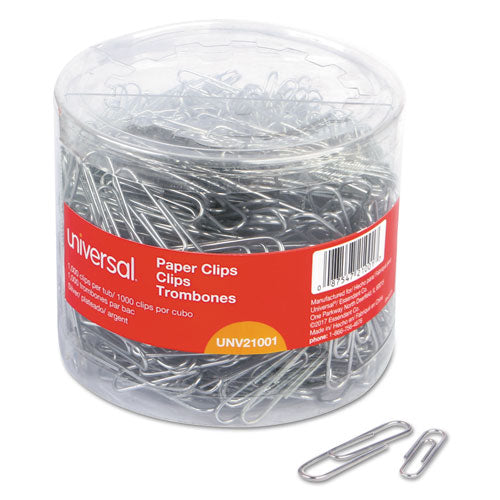 Plastic-coated Paper Clips With One-compartment Storage Tub, (750) #1 (1.3"), (250) Jumbo (2"), Silver