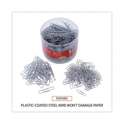 Plastic-coated Paper Clips With One-compartment Storage Tub, (750) #1 (1.3"), (250) Jumbo (2"), Silver