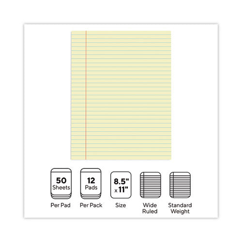 Glue Top Pads, Wide/legal Rule, 50 Canary-yellow 8.5 X 11 Sheets, Dozen