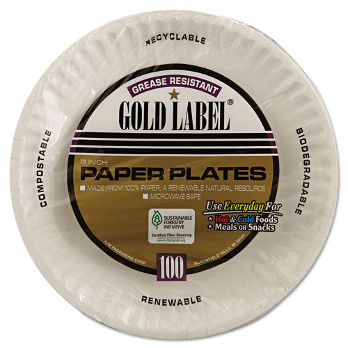 Platos de papel recubiertos con etiqueta dorada, 9" de diámetro, blanco, 100/paquete, 10 paquetes/cartón