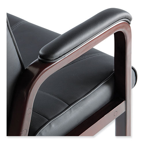 Alera Madaris Series Silla de cuero reconstituido para invitados con patas con adornos de madera, 25.39" x 25.98" x 35.62", asiento/respaldo negro, base de caoba