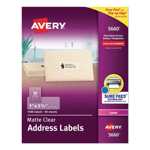 Matte Clear Easy Peel Mailing Labels W/ Sure Feed Technology, Laser Printers, 1 X 2.63, Clear, 30/sheet, 10 Sheets/pack