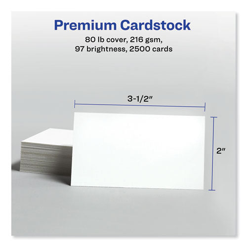 Tarjetas de presentación microperforadas imprimibles con tecnología de alimentación segura, láser, 2 x 3,5, blanco, 2500 tarjetas, 10/hoja, 250 hojas/caja