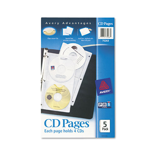 Hojas organizadoras de CD de dos caras para carpeta de tres anillas, capacidad para 4 discos, transparente, 5/paquete