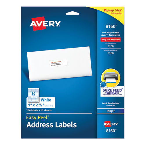 Easy Peel White Address Labels W/ Sure Feed Technology, Inkjet Printers, 1 X 2.63, White, 30/sheet, 25 Sheets/pack