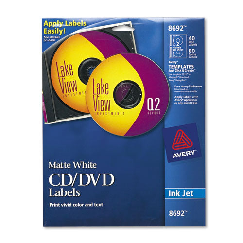Etiquetas de CD para inyección de tinta, blanco mate, 40/paquete