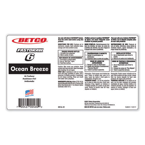 Desodorante Bestscent Ocean Breeze, aroma Ocean Breeze, botella de extracción rápida de 67.6 oz, 4/cartón