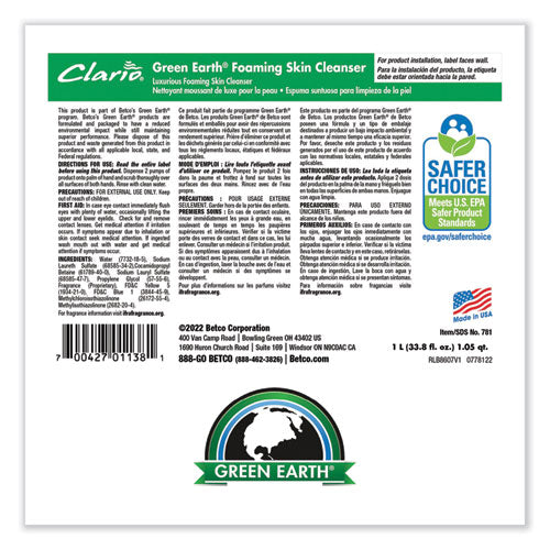 Green Earth Foaming Skin Cleanser Refill, Fresh Meadow, 1,000 Ml Refill Bag, 6/carton