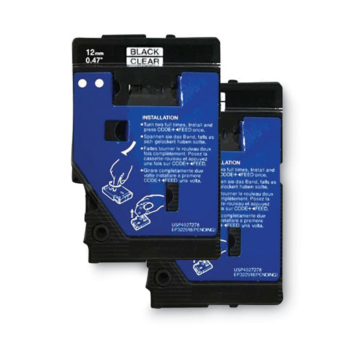 Cartuchos de cinta Tc para etiquetadoras P-touch, 0,47" x 25,2 pies, negro sobre transparente, 2/paquete