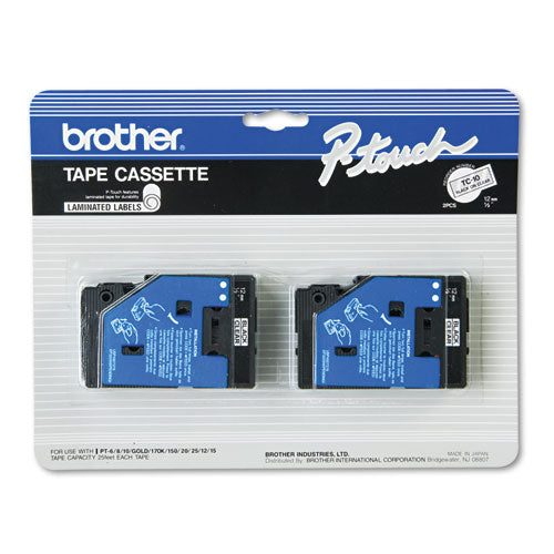Cartuchos de cinta Tc para etiquetadoras P-touch, 0,35" x 25,2 pies, blanco sobre negro, 2/paquete