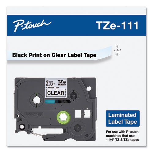 Cinta de etiquetado laminada adhesiva estándar Tze, 0,23" x 26,2 pies, negra sobre transparente