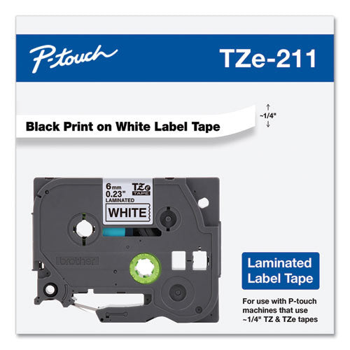 Cinta de etiquetado laminada adhesiva estándar Tze, 0,23" x 26,2 pies, negro sobre blanco