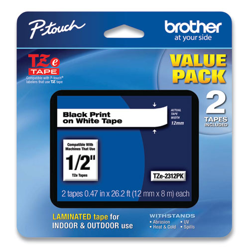 Cintas de etiquetado laminadas adhesivas estándar Tze, 0.47" x 26.2 pies, negro sobre blanco, 2/paquete