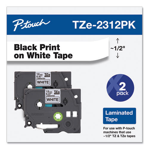 Cintas de etiquetado laminadas adhesivas estándar Tze, 0.47" x 26.2 pies, negro sobre blanco, 2/paquete