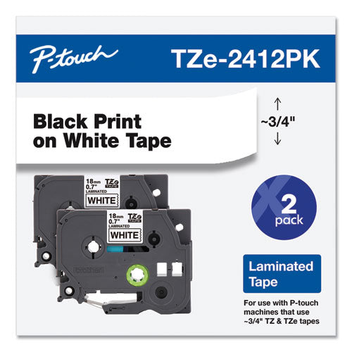 Cinta de etiquetado laminada adhesiva estándar Tze, 0.7" x 26.2 pies, negro sobre blanco, 2/paquete