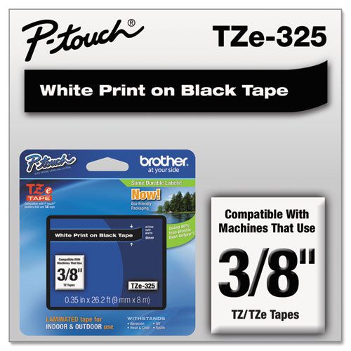 Cinta de etiquetado laminada adhesiva estándar Tze, 0,35" x 26,2 pies, blanco sobre negro